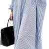Women's Casual Long Sleeve Button Down Loose Striped Cotton Maxi Shirt Dress