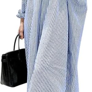 Women's Casual Long Sleeve Button Down Loose Striped Cotton Maxi Shirt Dress