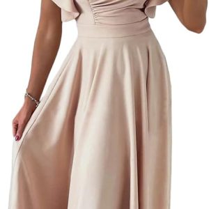Women's V Neck Elegant Party Dress Short Sleeve Skater Dress Wedding Guest Dresses