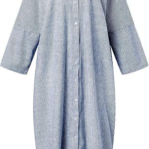 Women's Casual Long Sleeve Button Down Loose Striped Cotton Maxi Shirt Dress