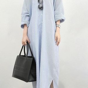 Women's Casual Long Sleeve Button Down Loose Striped Cotton Maxi Shirt Dress