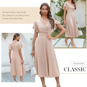 Women's V Neck Elegant Party Dress Short Sleeve Skater Dress Wedding Guest Dresses