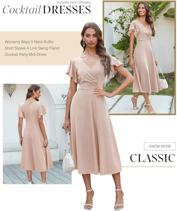 Women's V Neck Elegant Party Dress Short Sleeve Skater Dress Wedding Guest Dresses