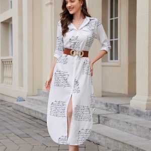Women Long Sleeve Button Down Casual Loose Side Split Blouse Maxi Dress with Pockets