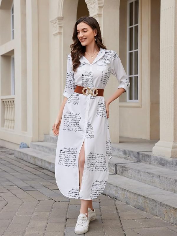 Women Long Sleeve Button Down Casual Loose Side Split Blouse Maxi Dress with Pockets
